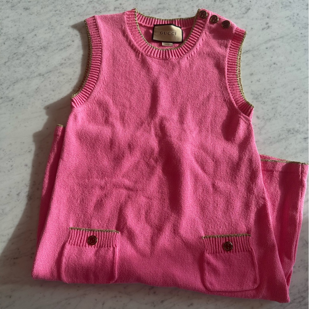 Gucci Bright Pink Knit Sleeveless DRESS with Gold Trim